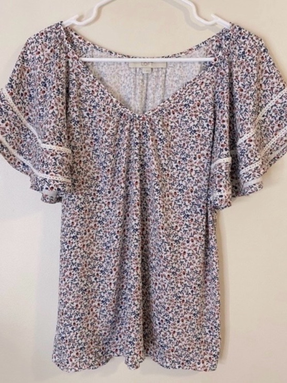 LOFT Floral Flutter Sleeve V-Neck Blouse — Blue and Cream